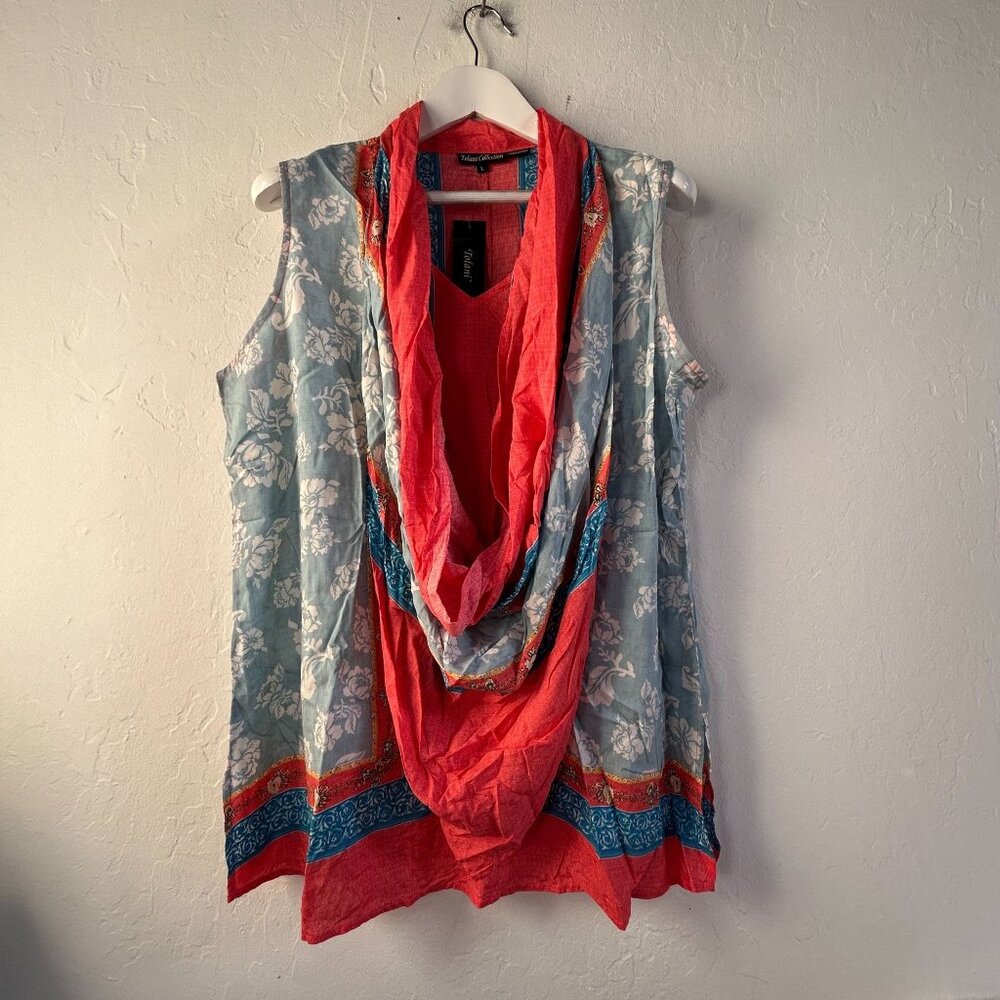 Tolani Floral Sleeveless Drape Lizzy Tunic Top Large Coral Gray Lightweight New